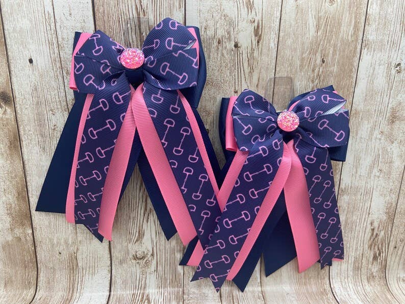 Horse Show Bows - Pink and Navy Bits on Pink and Navy